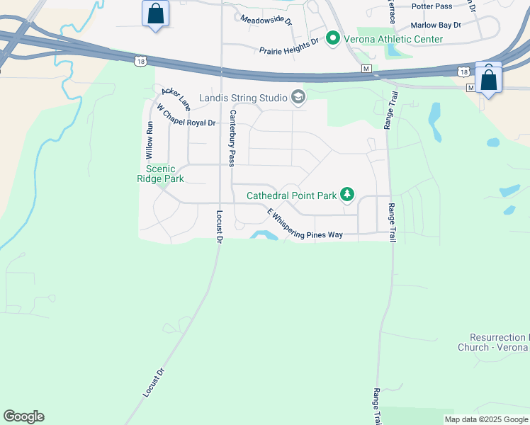 map of restaurants, bars, coffee shops, grocery stores, and more near 1389 Winchester Pass in Verona