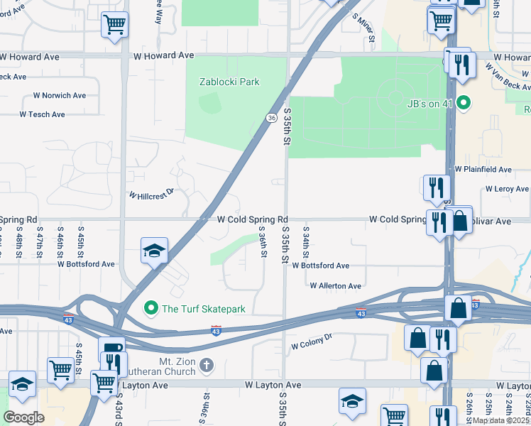 map of restaurants, bars, coffee shops, grocery stores, and more near 3570 West Cold Spring Road in Greenfield