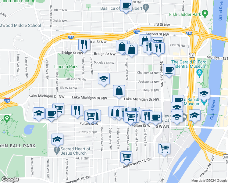 map of restaurants, bars, coffee shops, grocery stores, and more near 846 Sibley Street Northwest in Grand Rapids