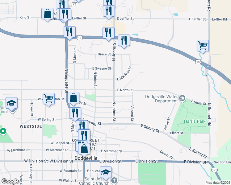 map of restaurants, bars, coffee shops, grocery stores, and more near 907 North Johns Street in Dodgeville