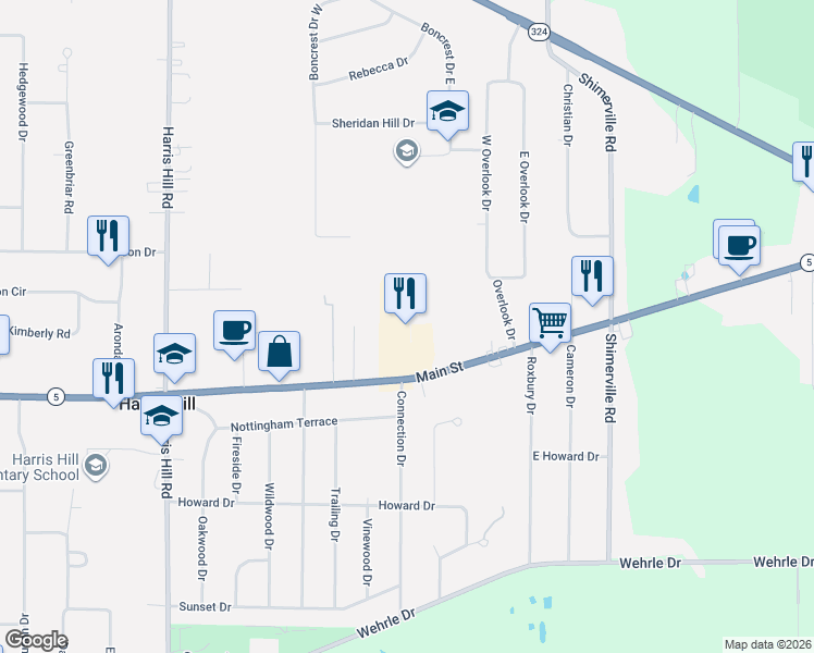 map of restaurants, bars, coffee shops, grocery stores, and more near 8750 Main St in Williamsville