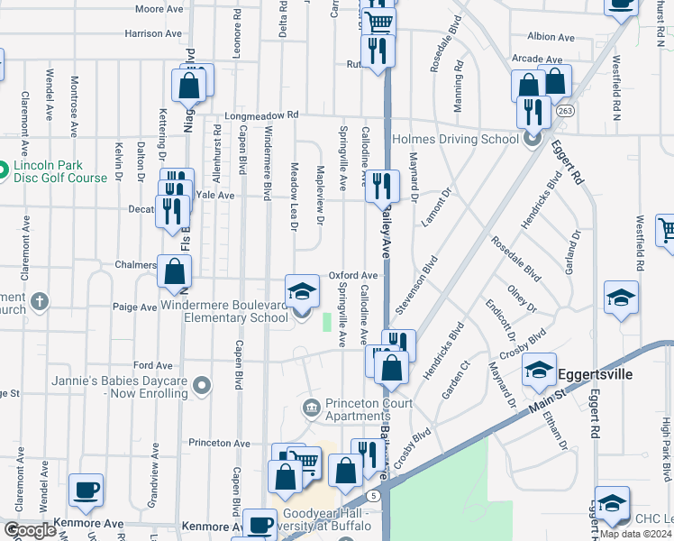 map of restaurants, bars, coffee shops, grocery stores, and more near 318 Springville Avenue in Buffalo