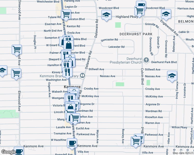 map of restaurants, bars, coffee shops, grocery stores, and more near 60 Nassau Avenue in Kenmore