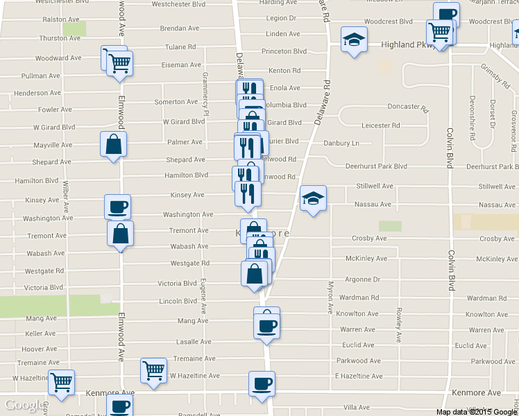 map of restaurants, bars, coffee shops, grocery stores, and more near 17 Allegany Avenue in Buffalo