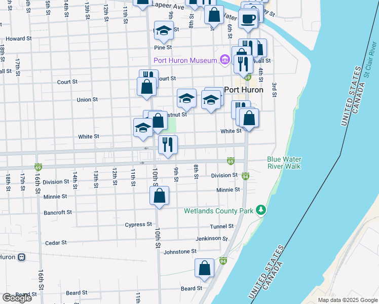 map of restaurants, bars, coffee shops, grocery stores, and more near 809 Griswold Street in Port Huron