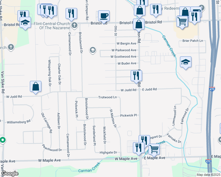 map of restaurants, bars, coffee shops, grocery stores, and more near 1115 West Williamson Avenue in Flint