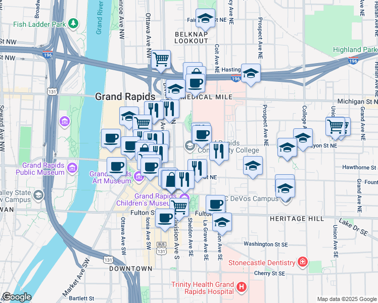 map of restaurants, bars, coffee shops, grocery stores, and more near 211 Bostwick Avenue Northeast in Grand Rapids
