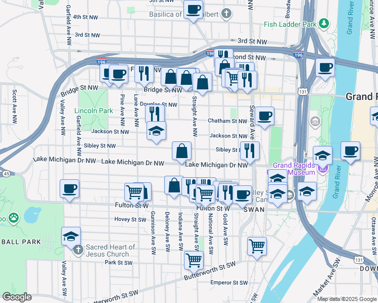 map of restaurants, bars, coffee shops, grocery stores, and more near 204 Straight Avenue Northwest in Grand Rapids