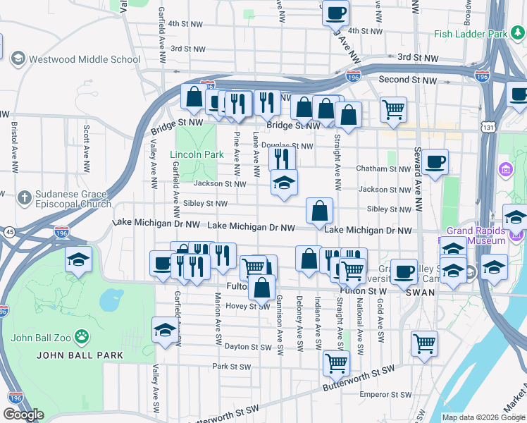 map of restaurants, bars, coffee shops, grocery stores, and more near 950 Sibley Street Northwest in Grand Rapids