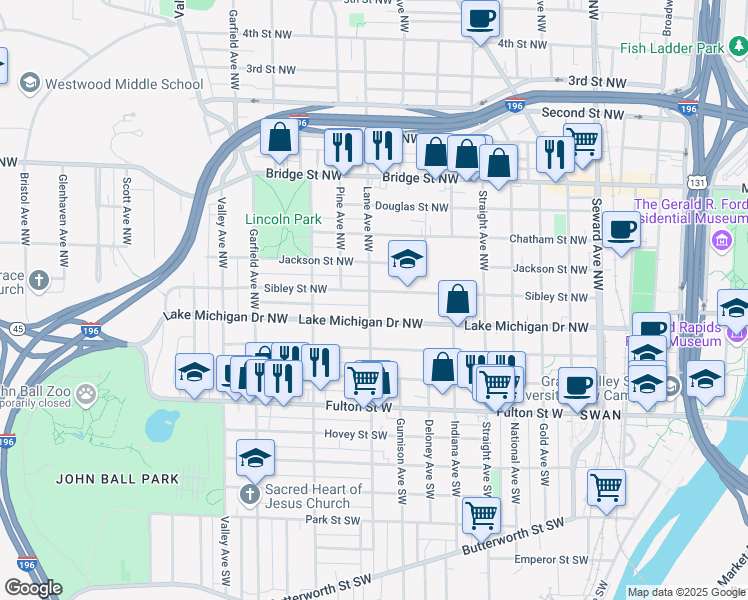map of restaurants, bars, coffee shops, grocery stores, and more near 950 Sibley Street Northwest in Grand Rapids
