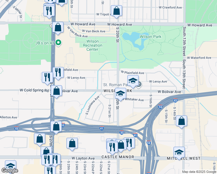 map of restaurants, bars, coffee shops, grocery stores, and more near 4255 South 21st Court in Milwaukee