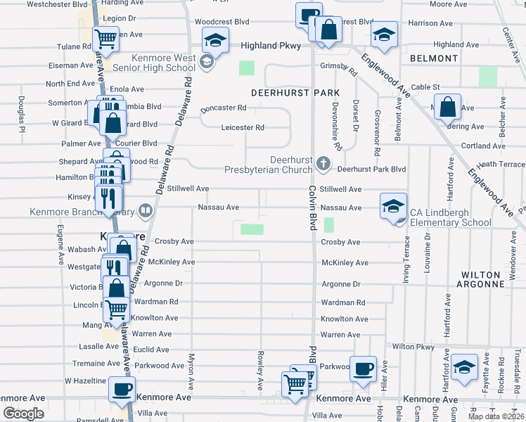 map of restaurants, bars, coffee shops, grocery stores, and more near 163 Nassau Avenue in Kenmore