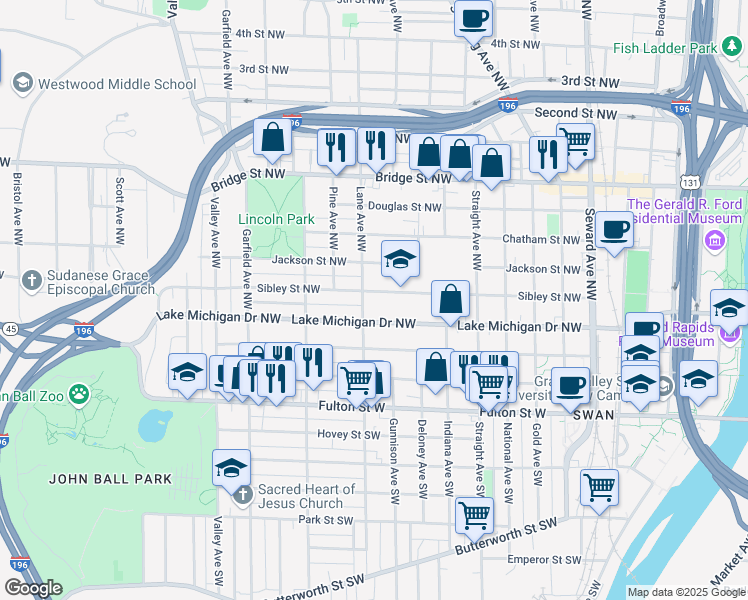 map of restaurants, bars, coffee shops, grocery stores, and more near 950 Sibley Street Northwest in Grand Rapids
