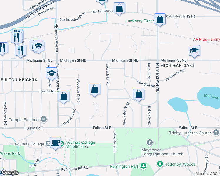 map of restaurants, bars, coffee shops, grocery stores, and more near 2111 Romence Street Northeast in Grand Rapids