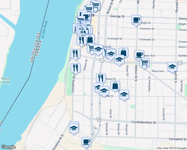 map of restaurants, bars, coffee shops, grocery stores, and more near 208 Vidal Street South in Sarnia