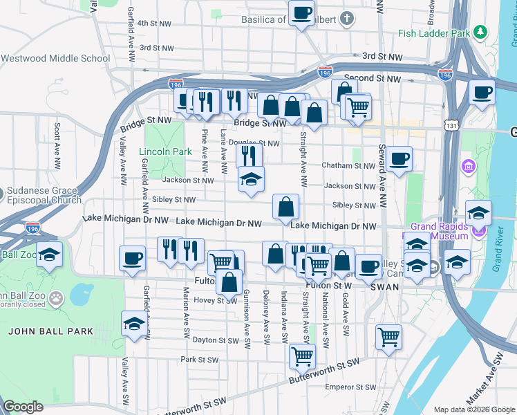 map of restaurants, bars, coffee shops, grocery stores, and more near 943 Sibley Street Northwest in Grand Rapids