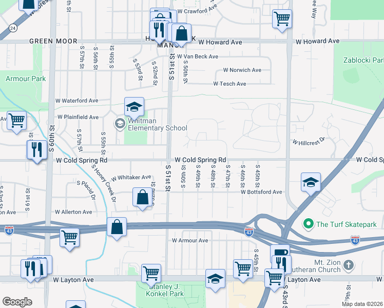 map of restaurants, bars, coffee shops, grocery stores, and more near 4900 West Cold Spring Road in Milwaukee