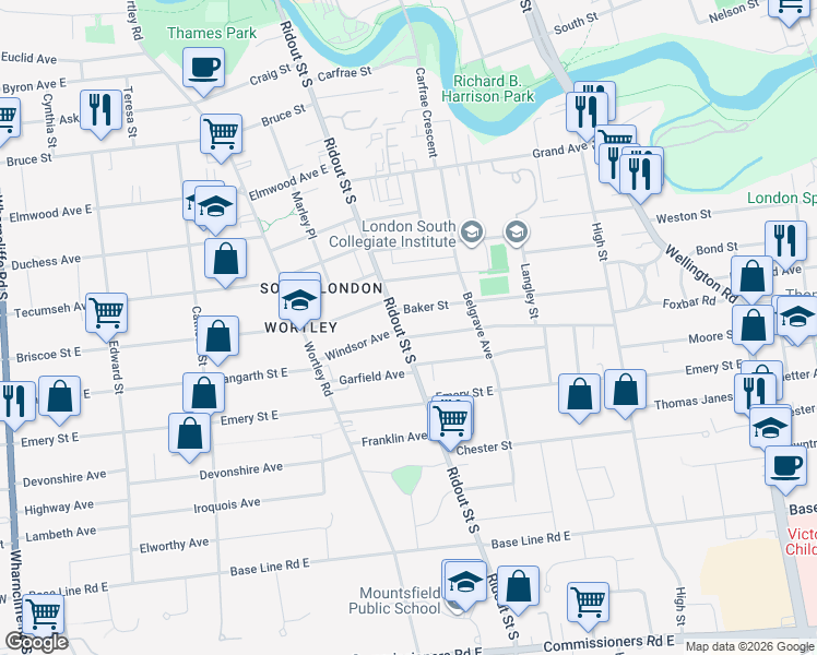 map of restaurants, bars, coffee shops, grocery stores, and more near 250 Ridout Street South in London