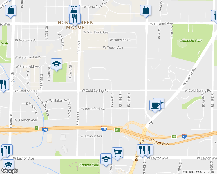 map of restaurants, bars, coffee shops, grocery stores, and more near 4660 West Cold Spring Road in Greenfield