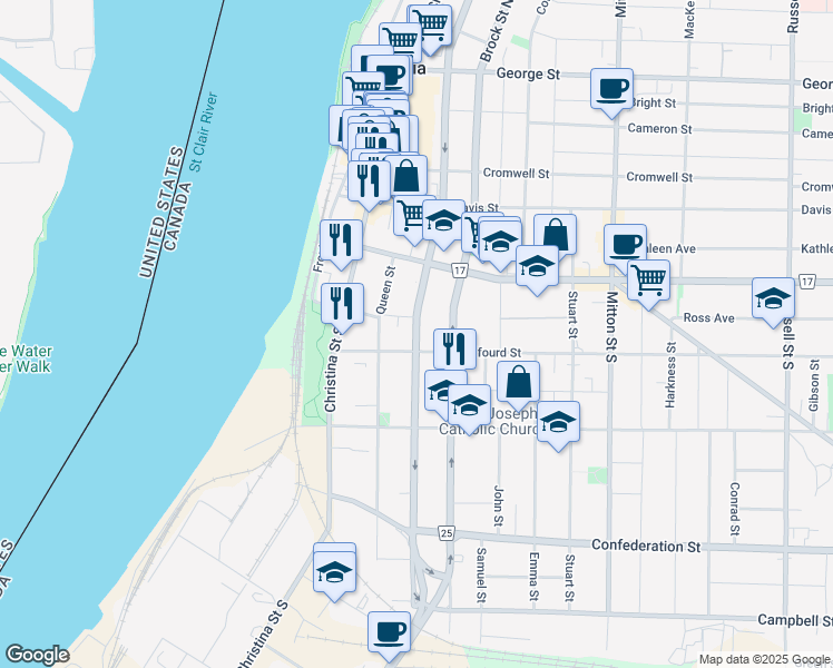 map of restaurants, bars, coffee shops, grocery stores, and more near 208 Vidal Street South in Sarnia