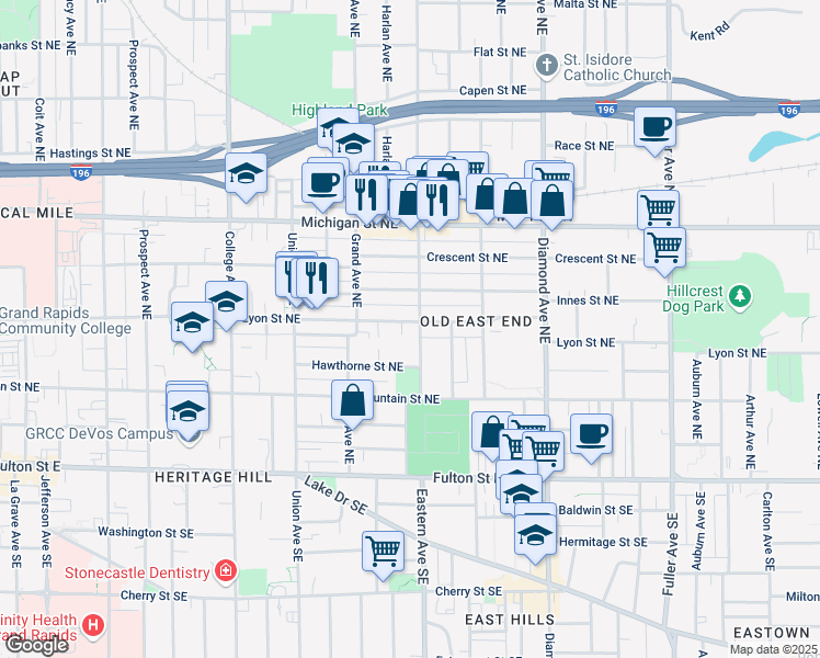 map of restaurants, bars, coffee shops, grocery stores, and more near 749 Lyon Street Northeast in Grand Rapids