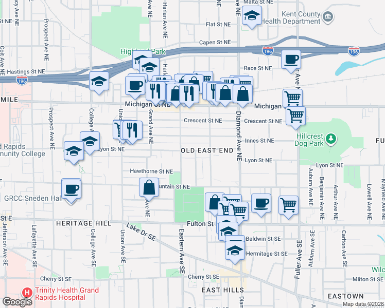 map of restaurants, bars, coffee shops, grocery stores, and more near 827 Lyon Street Northeast in Grand Rapids