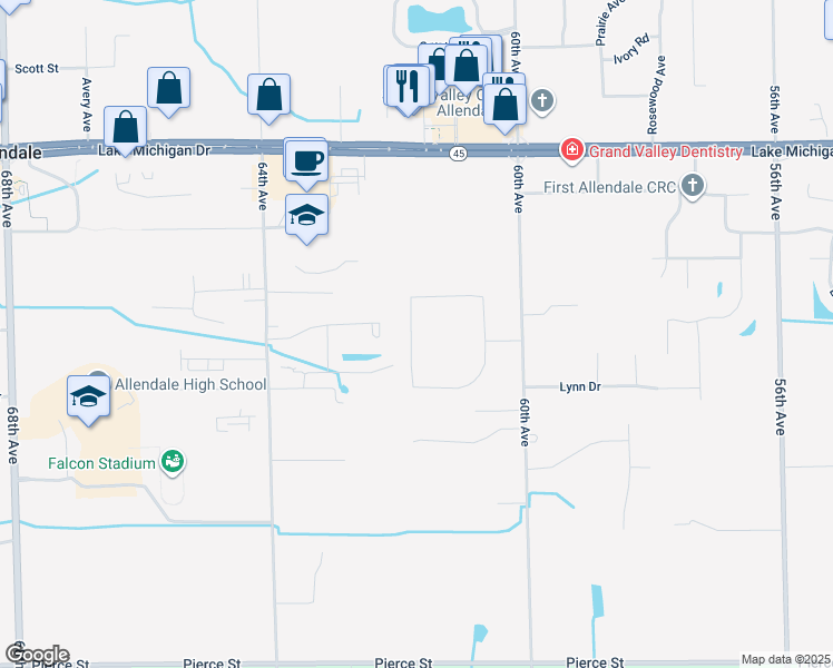 map of restaurants, bars, coffee shops, grocery stores, and more near 6138 Lake Michigan Drive in Allendale Charter Township