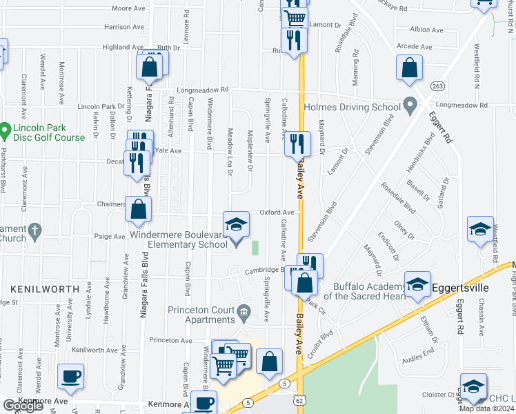 map of restaurants, bars, coffee shops, grocery stores, and more near 182 Oxford Avenue in Buffalo