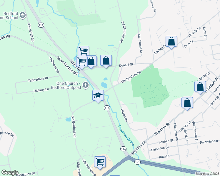 map of restaurants, bars, coffee shops, grocery stores, and more near Hazen Road in Bedford