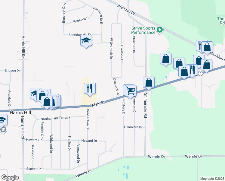 map of restaurants, bars, coffee shops, grocery stores, and more near 4420 Overlook Drive in Buffalo