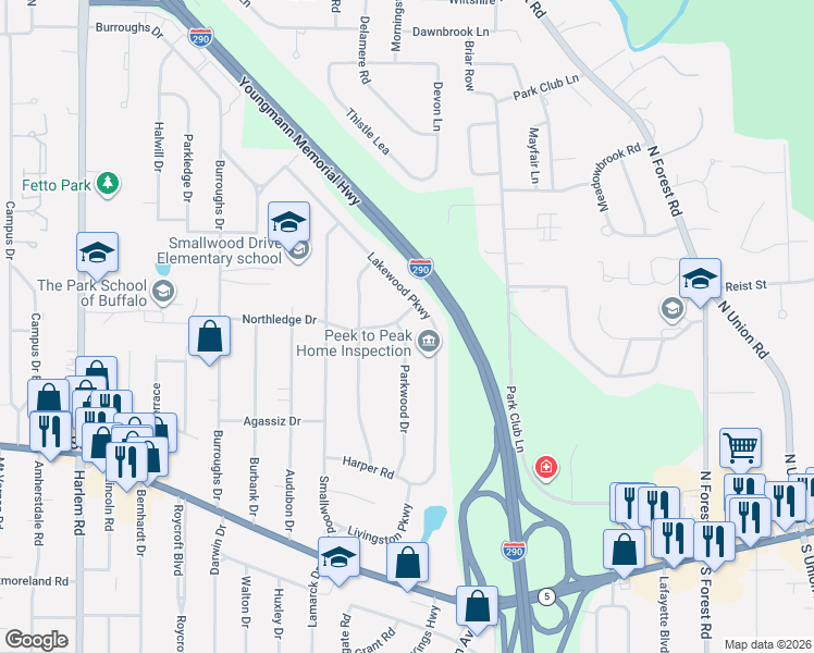 map of restaurants, bars, coffee shops, grocery stores, and more near 215 Northledge Drive in Buffalo