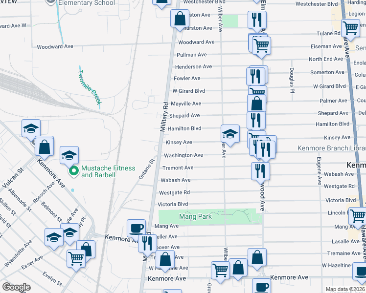 map of restaurants, bars, coffee shops, grocery stores, and more near 417 Kinsey Avenue in Buffalo
