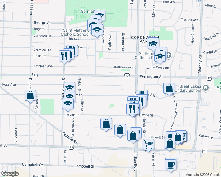 map of restaurants, bars, coffee shops, grocery stores, and more near 842 Ross Avenue in Sarnia