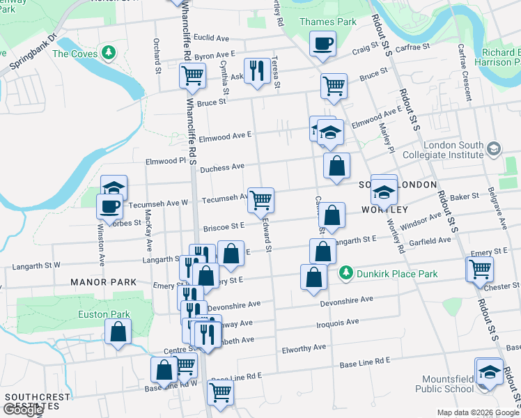 map of restaurants, bars, coffee shops, grocery stores, and more near 103 Edward Street in London