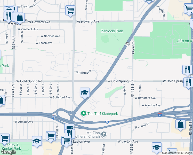 map of restaurants, bars, coffee shops, grocery stores, and more near 4280 South Ravinia Drive in Milwaukee