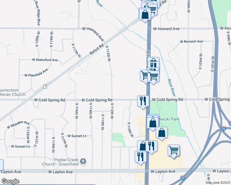 map of restaurants, bars, coffee shops, grocery stores, and more near 4299 South 112th Street in Greenfield