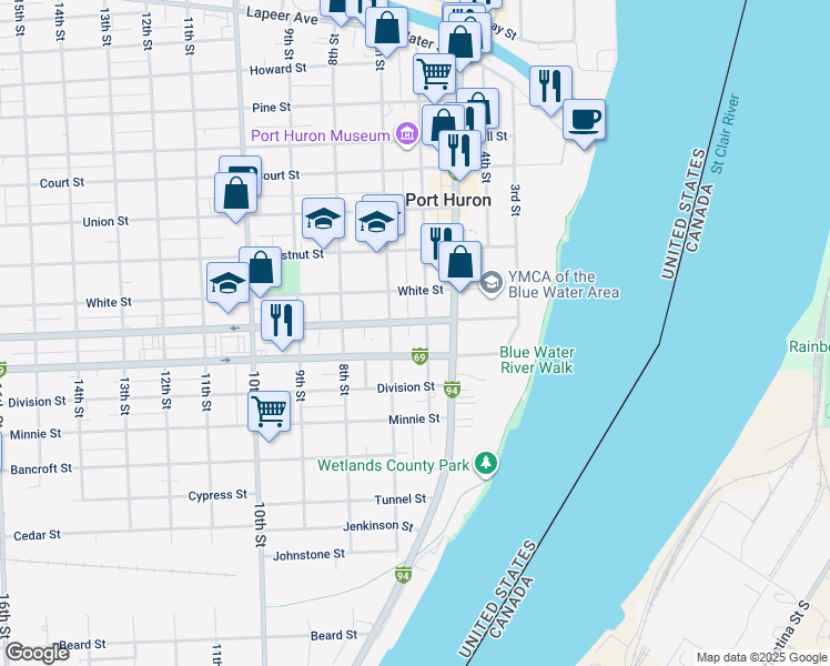 map of restaurants, bars, coffee shops, grocery stores, and more near 600 Griswold Street in Port Huron