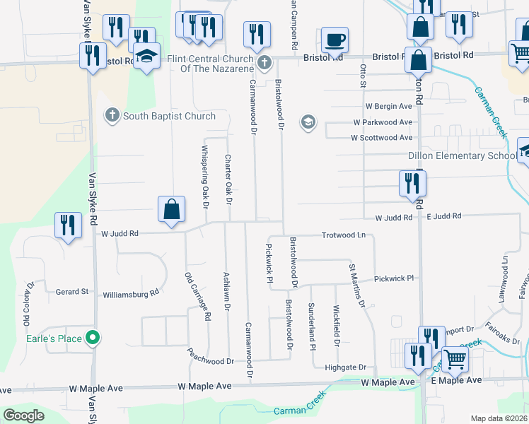 map of restaurants, bars, coffee shops, grocery stores, and more near 4238 Bristolwood Drive in Flint