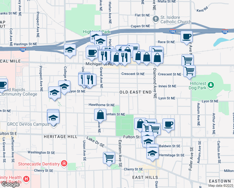 map of restaurants, bars, coffee shops, grocery stores, and more near 749 Lyon Street Northeast in Grand Rapids