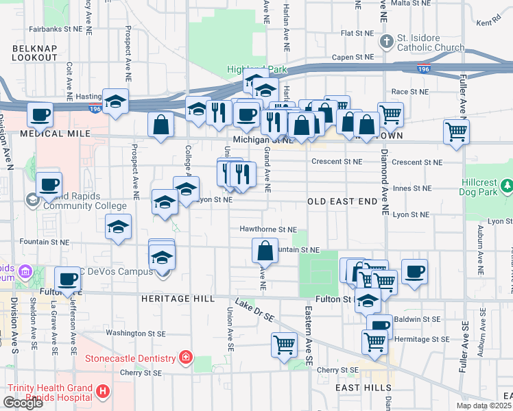 map of restaurants, bars, coffee shops, grocery stores, and more near 637 Lyon Street Northeast in Grand Rapids
