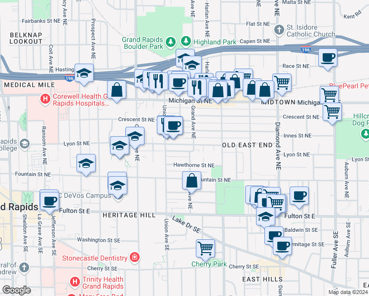 map of restaurants, bars, coffee shops, grocery stores, and more near 637 Lyon Street Northeast in Grand Rapids