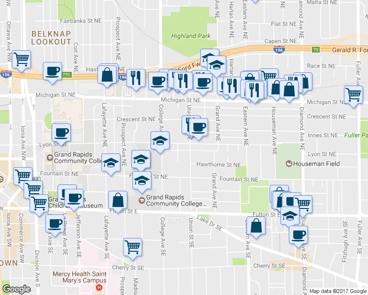 map of restaurants, bars, coffee shops, grocery stores, and more near 200 Union Avenue Northeast in Grand Rapids