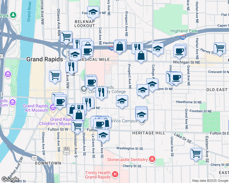 map of restaurants, bars, coffee shops, grocery stores, and more near 201 Lafayette Avenue Northeast in Grand Rapids