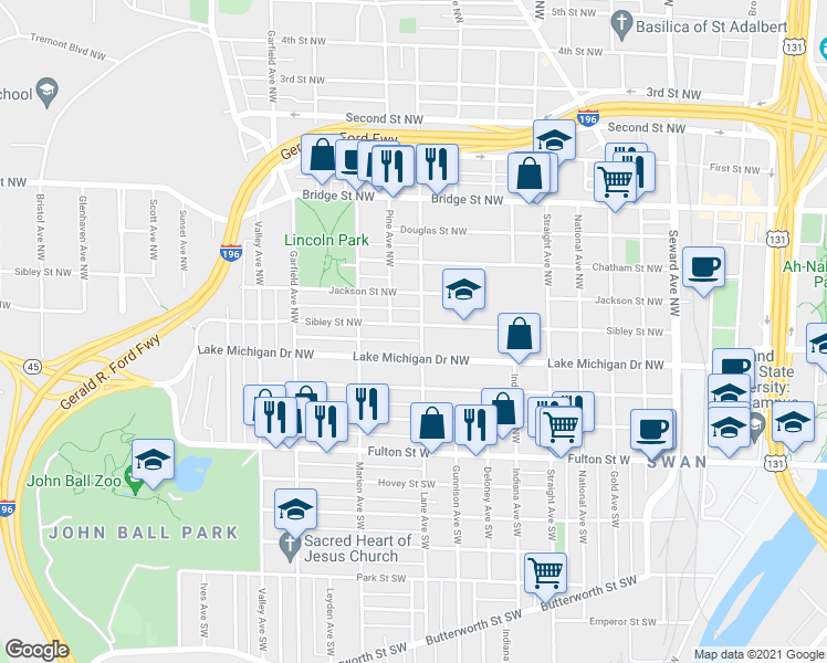 map of restaurants, bars, coffee shops, grocery stores, and more near 206 Pine Avenue Northwest in Grand Rapids