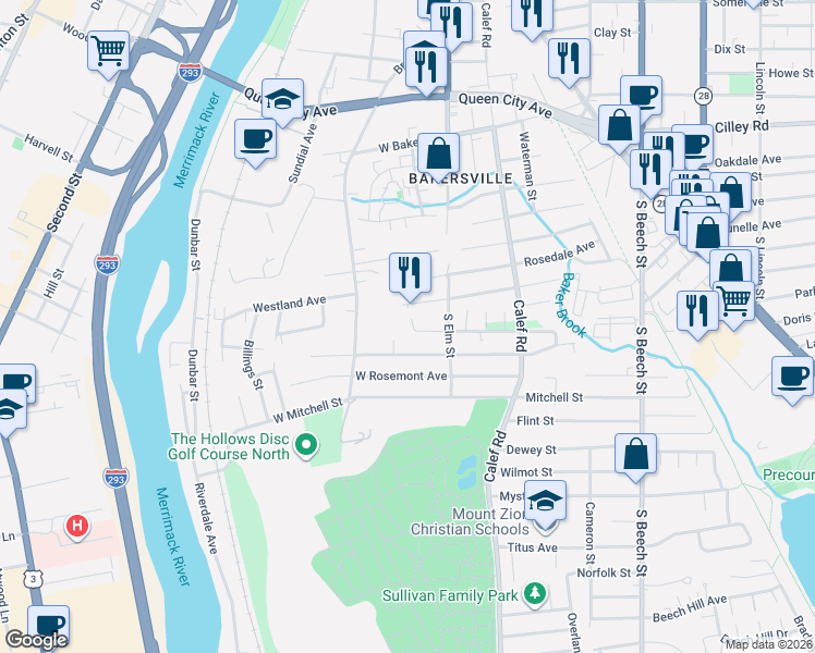 map of restaurants, bars, coffee shops, grocery stores, and more near 52 West Elmhurst Avenue in Manchester