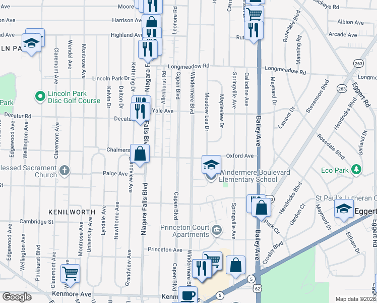 map of restaurants, bars, coffee shops, grocery stores, and more near 362 Windermere Boulevard in Buffalo