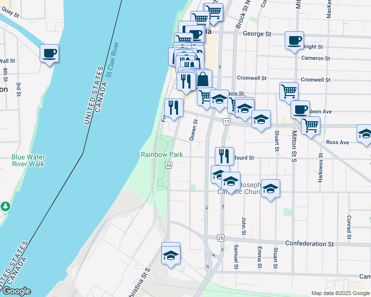 map of restaurants, bars, coffee shops, grocery stores, and more near 163 Queen Street in Sarnia
