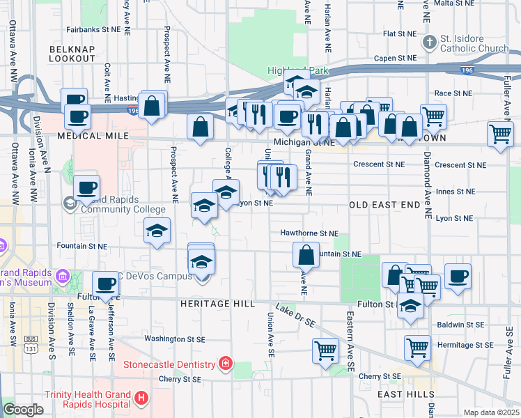map of restaurants, bars, coffee shops, grocery stores, and more near 546 Lyon Street Northeast in Grand Rapids