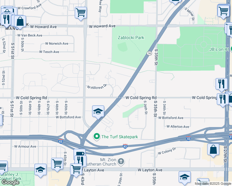 map of restaurants, bars, coffee shops, grocery stores, and more near 4280 South Ravinia Drive in Greenfield