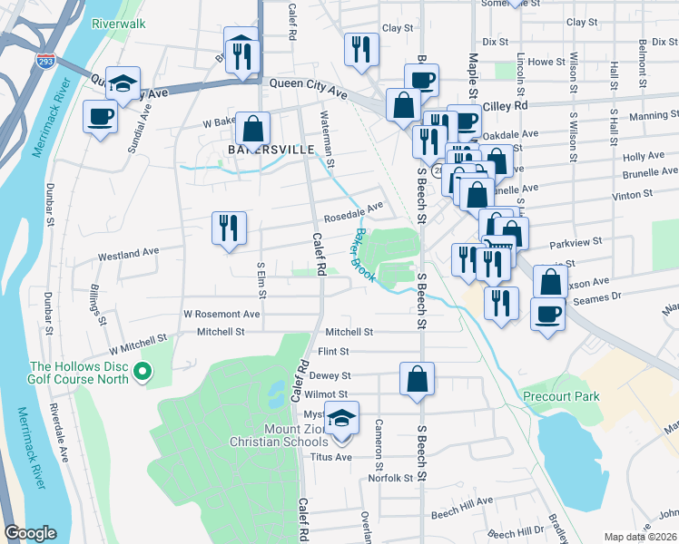 map of restaurants, bars, coffee shops, grocery stores, and more near 329 Calef Road in Manchester